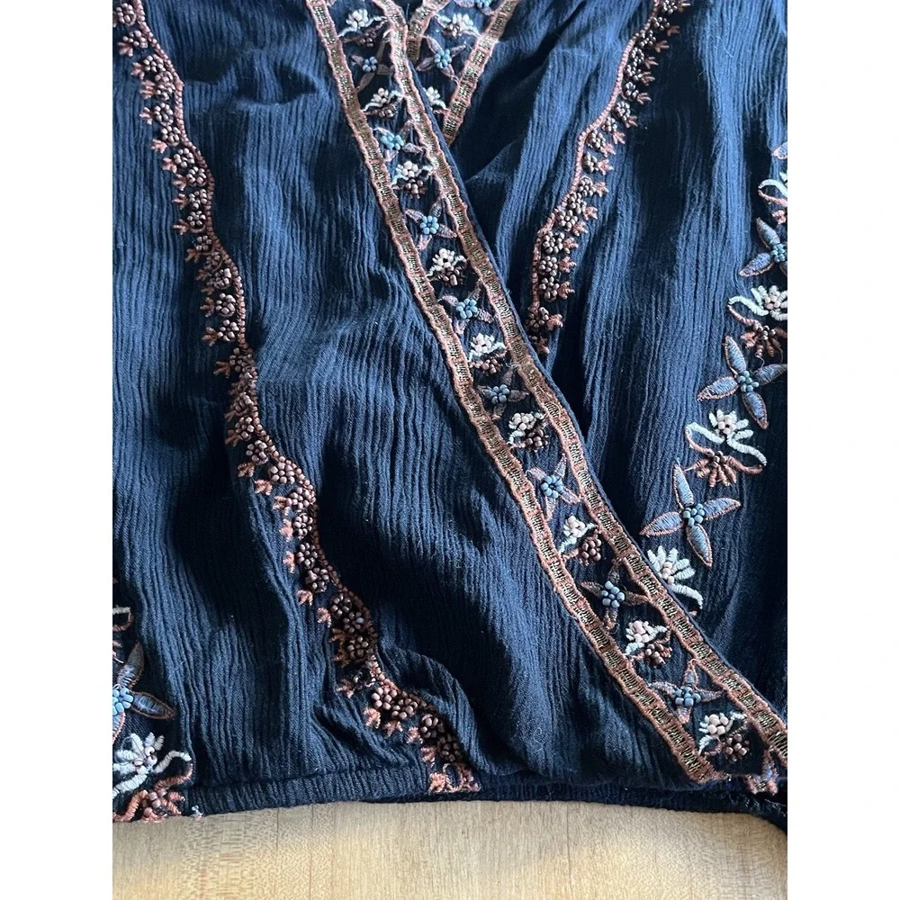 Free People Women's Beaded Embroidered Boho Peasant Top Black Sz XS Oversized